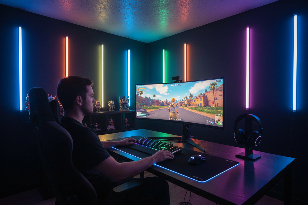 Gaming Setup con LED verticales y Fortnite